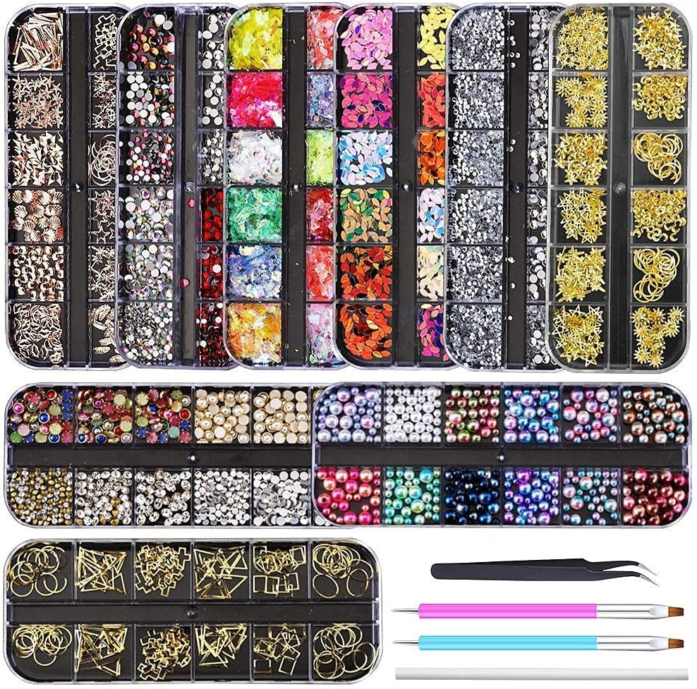 Nail Art Supplies Kit: 9 Boxes of Rhinestones, Glitter Gems, Diamonds, Studs, Crystals, and Sequins with Tweezers and 3 Nail Art Pens