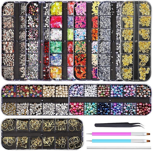 Nail Art Supplies Kit: 9 Boxes of Rhinestones, Glitter Gems, Diamonds, Studs, Crystals, and Sequins with Tweezers and 3 Nail Art Pens