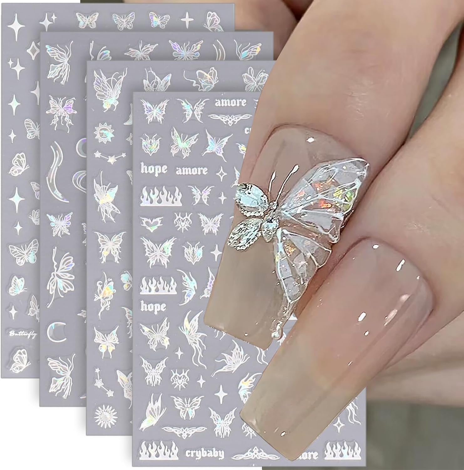 Aurora Holographic Butterfly Nail Stickers, 8-Sheet Set