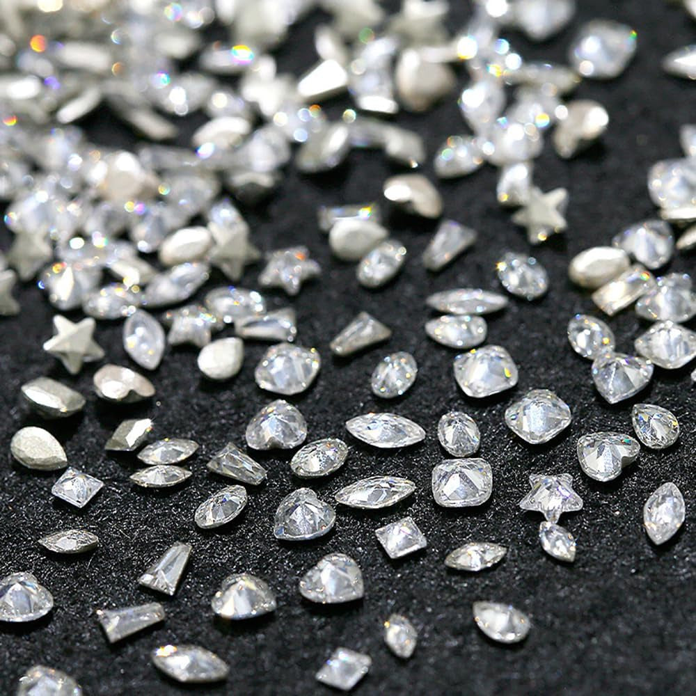 50 Pieces of Shiny Zircon Rhinestone Nail Gems - 3D Flatback Rhinestones in 2-4mm, Mini Nail Rhinestones in Glitter Silver and White, Multi-Shape Nail Diamonds and Crystals for Nail Art Decorations