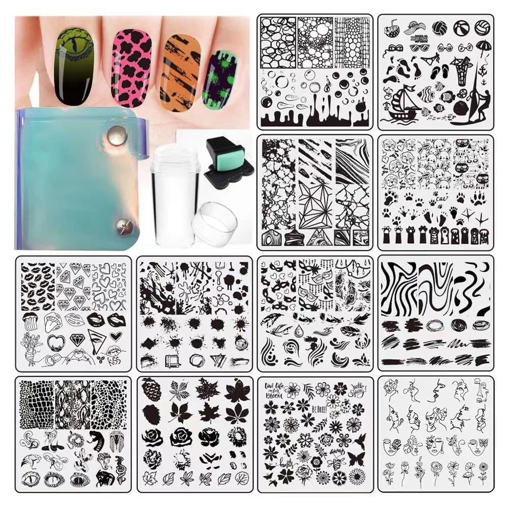 15-Piece Nail Stamping Plate Set with Stamper, Scraper & Storage Bag