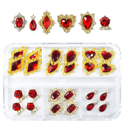 24-Piece Ruby Red Heart Nail Rhinestones - Luxury 3D Nail Charms and Crystals for Acrylic Nail Art Decoration