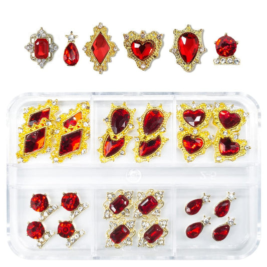 24-Piece Ruby Red Heart Nail Rhinestones - Luxury 3D Nail Charms and Crystals for Acrylic Nail Art Decoration