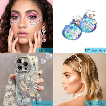 8 Boxes of 5000 Nail Charms and Gems - White Gold, Silver, and Colorful Clear Flatback Rhinestones, Multi-Shape Nail Art Accessories for Crafts, Heart, Star, and Flower Nail Diamonds for Professional Manicures