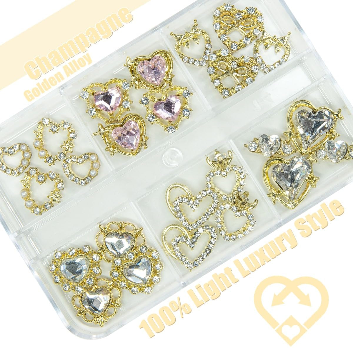 24-Piece Luxury Heart Nail Charms Set - 12 Pairs of 3D Gold Rhinestones and Crystal Diamonds for Nail Art and Crafts, Complete with Decorative Box