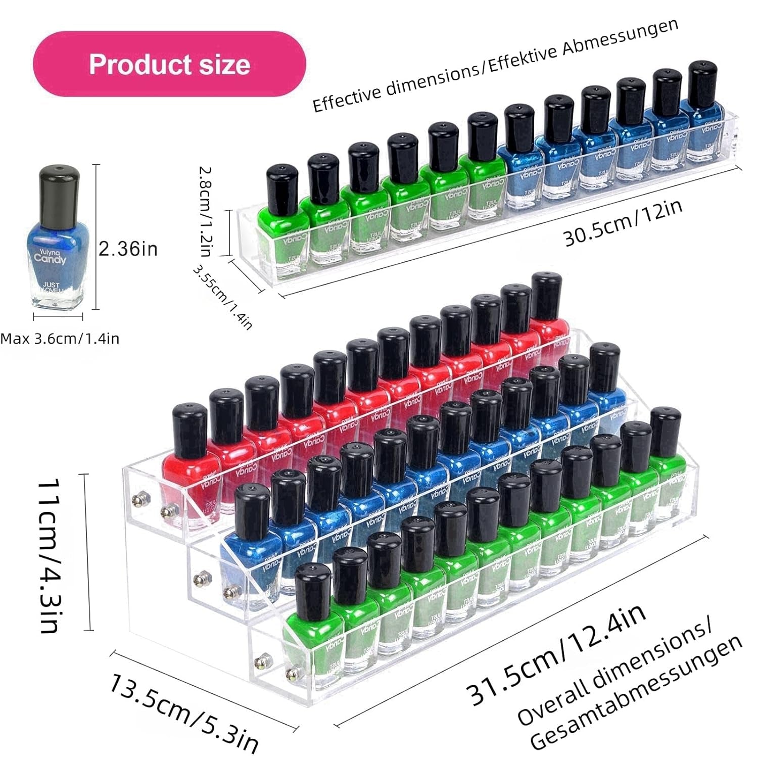 3-Tier Clear Acrylic Nail Polish Display Rack, Holds 36 Bottles