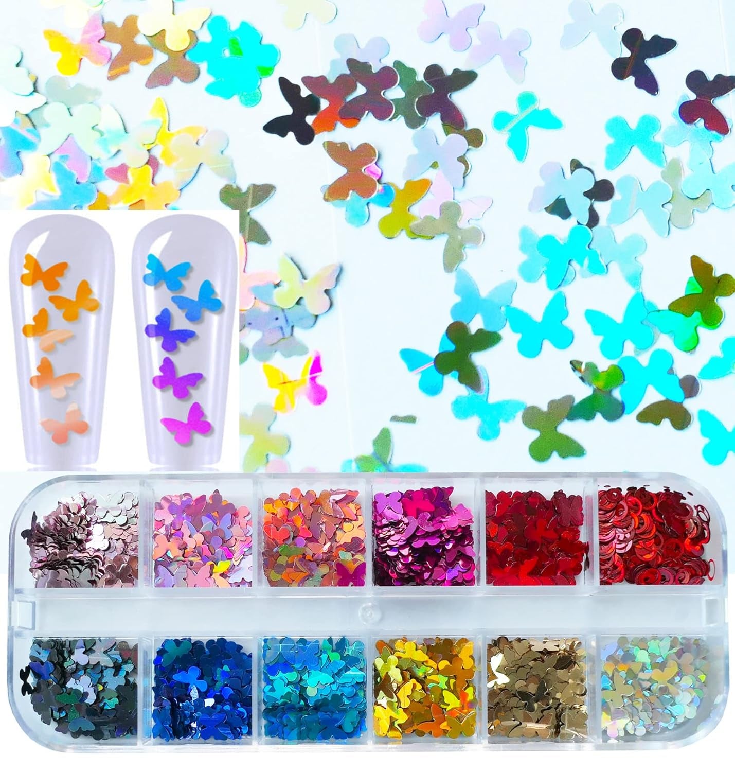 Mixed Shape Holographic Nail Glitter Sequins Set - Heart, Butterfly, Neon Star, and Chunky Flake Decorations for Manicure, Makeup, and Craft Projects