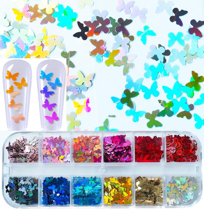 Mixed Shape Holographic Nail Glitter Sequins Set - Heart, Butterfly, Neon Star, and Chunky Flake Decorations for Manicure, Makeup, and Craft Projects