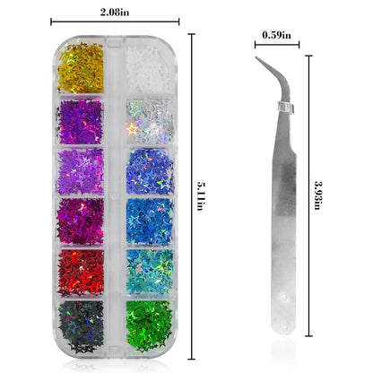 Iridescent Aurora Nail Glitter Powder - 4 Boxes of Holographic Star, Heart, and Flower Flakes for Manicure and Resin Craft Accessories