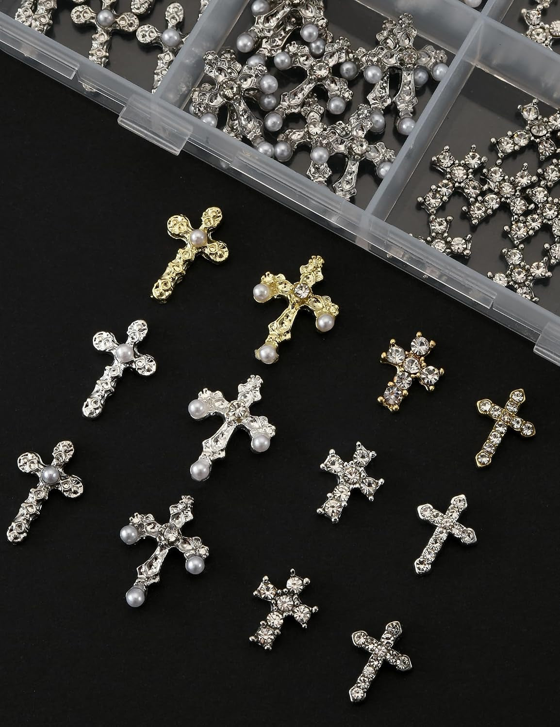 120-Piece 3D Cross Nail Charms Set - 12-Grid Collection of Metal Nail Art Charms in White, Gold, and Silver Finishes