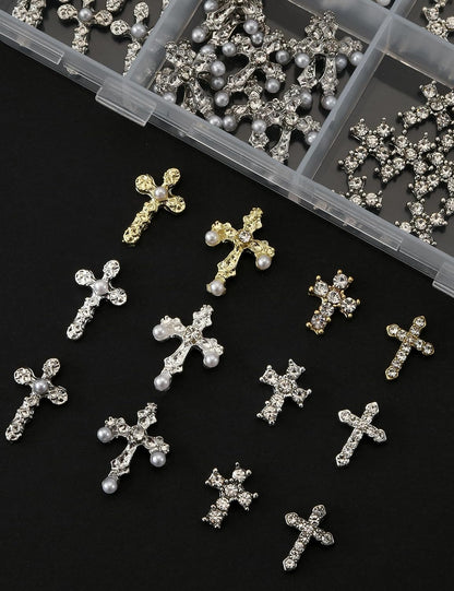 120-Piece 3D Cross Nail Charms Set - 12-Grid Collection of Metal Nail Art Charms in White, Gold, and Silver Finishes