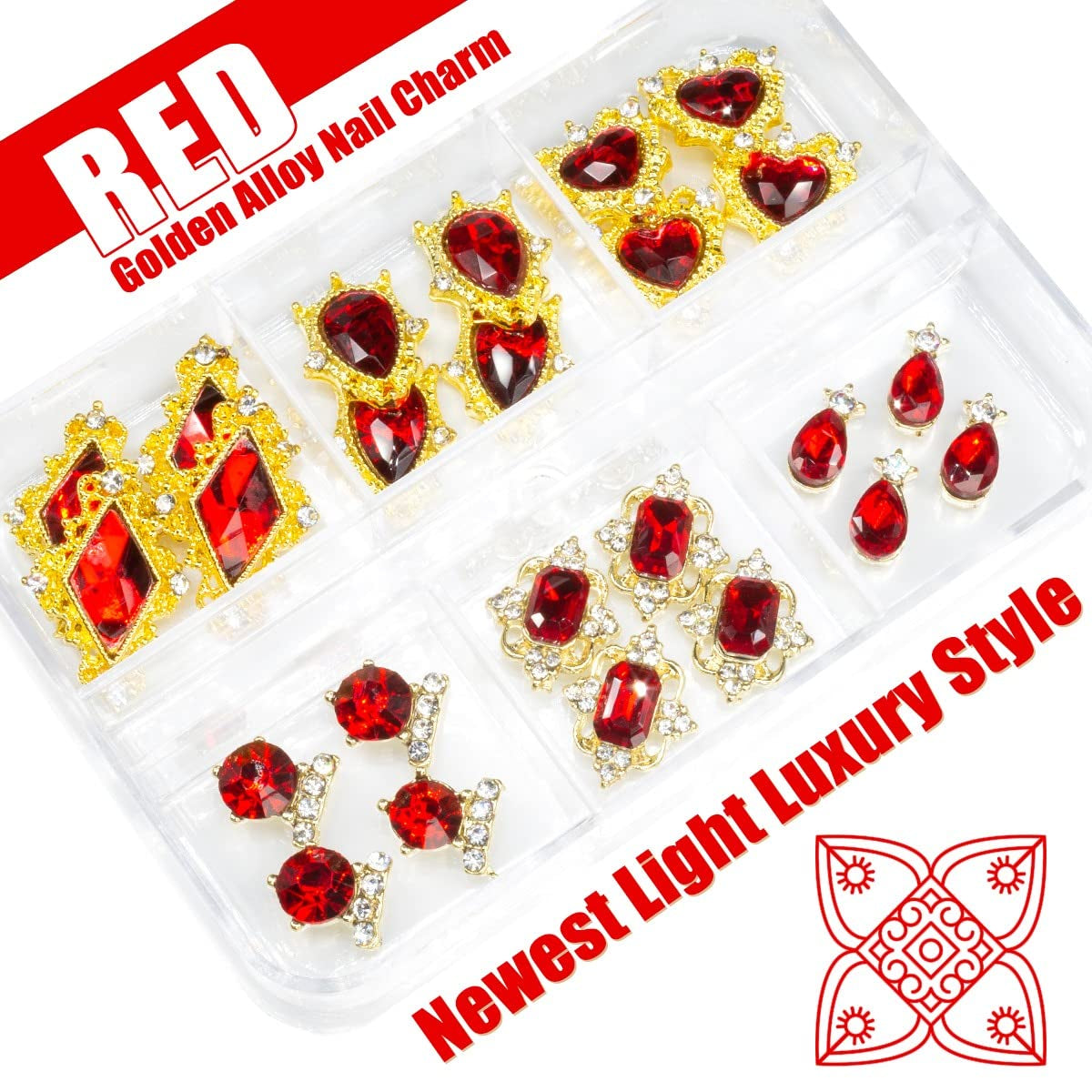24-Piece Ruby Red Heart Nail Rhinestones - Luxury 3D Nail Charms and Crystals for Acrylic Nail Art Decoration