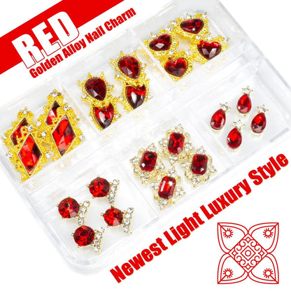 24-Piece Ruby Red Heart Nail Rhinestones - Luxury 3D Nail Charms and Crystals for Acrylic Nail Art Decoration