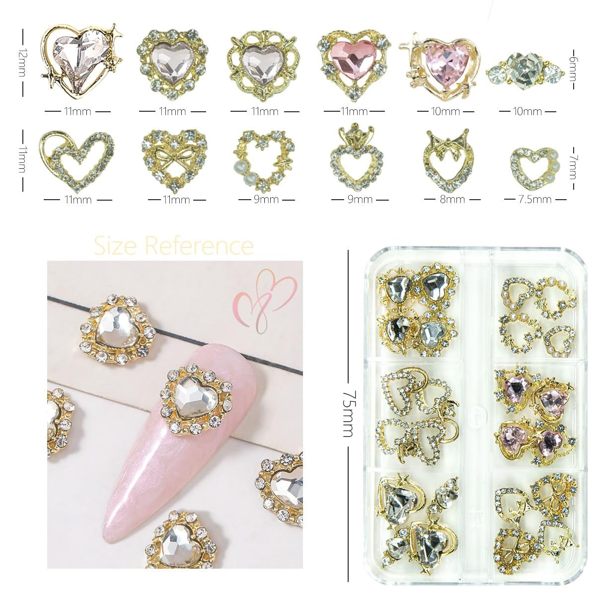 24-Piece Luxury Heart Nail Charms Set - 12 Pairs of 3D Gold Rhinestones and Crystal Diamonds for Nail Art and Crafts, Complete with Decorative Box