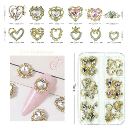 24-Piece Luxury Heart Nail Charms Set - 12 Pairs of 3D Gold Rhinestones and Crystal Diamonds for Nail Art and Crafts, Complete with Decorative Box
