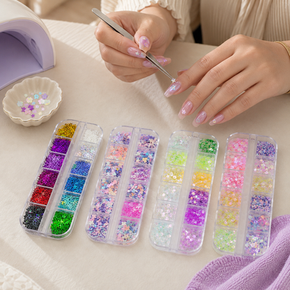 Woman applying Aurora holographic nail sequins at home with the complete four-case glitter kit visible
